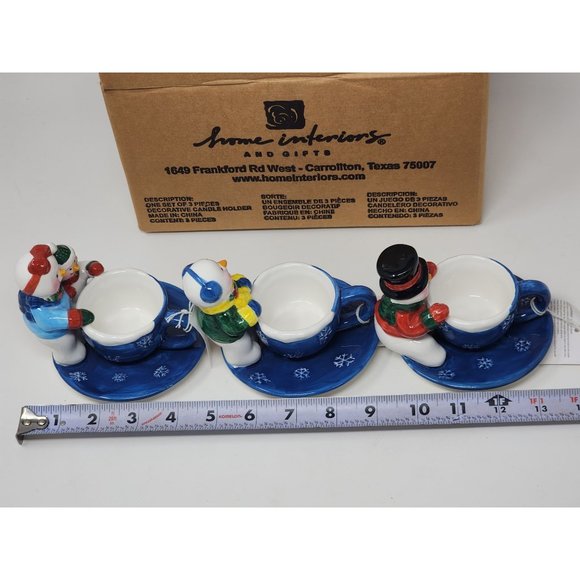 New Home Interiors Set Of 3 Snowmen Tea Light Candle Holders In‎ Original Box - Picture 10 of 11